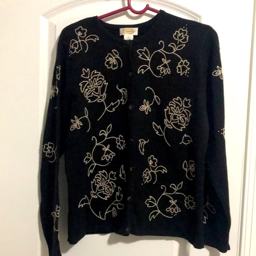 Talbots Black 100% cotton button cardigan w/embroidered tan floral design